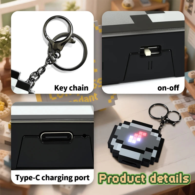 Pixel Wind Design Compass Keychain - Rechargeable Glowing Gaming Peripheral for Enthusiasts and Collectors